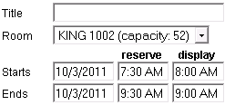Reserving a room in COWS, showing room dropdown, reservation times and display times
